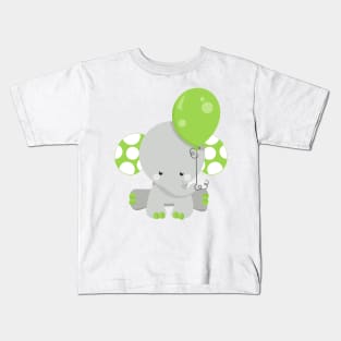 Elephant With Balloon, Cute Elephant - Green Gray Kids T-Shirt